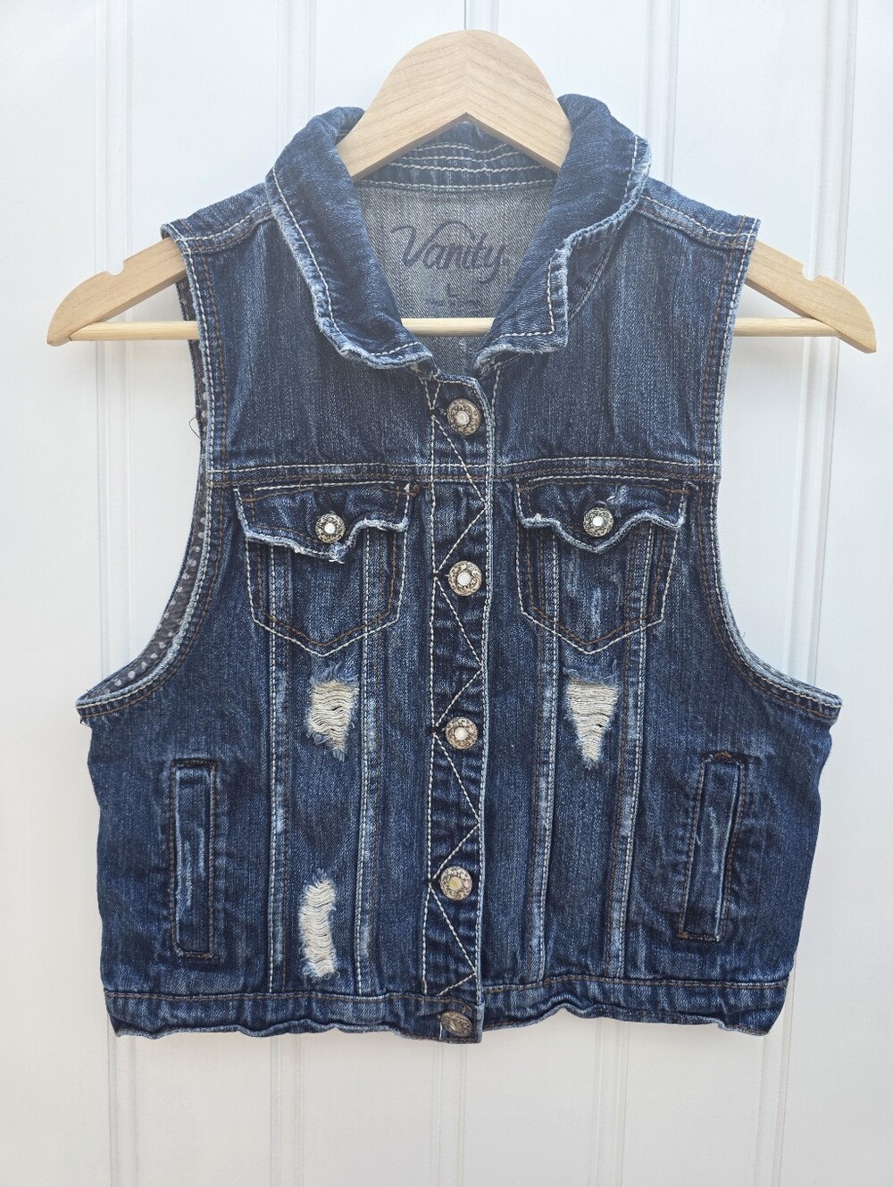 Vanity Distressed Blue Denim Vest Polka Dots Womens Large